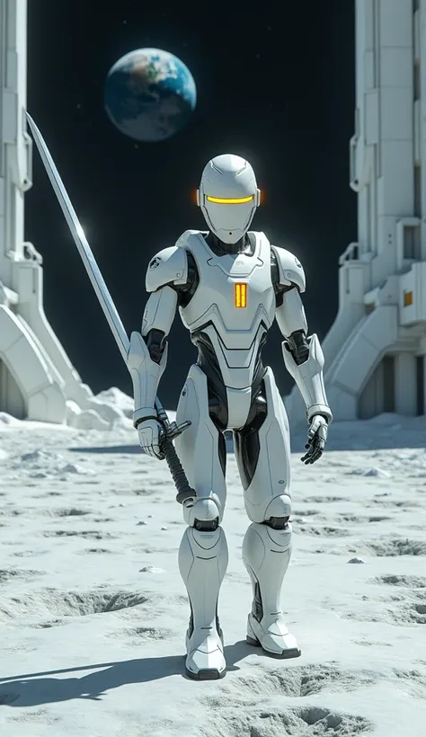 a picture of  a white robot, with yellow glowing eye, holding a sword, ready to battle, in a gladiator arena on the moon