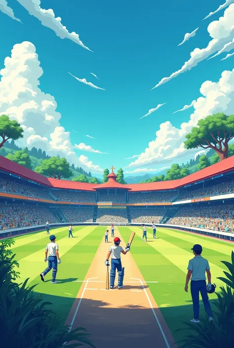 Aesthetic cricket ground in anime style in contrasting colour 