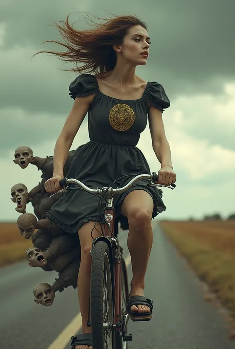 Agar aap is tarah ki image ka prompt chahte hain, to main usay generalized aur creative tariqe se likh sakta hoon. Yahan ek idea hai:

Prompt:
"A surreal depiction of a woman riding a bicycle with exaggerated, symbolic elements. She wears a dress featuring...