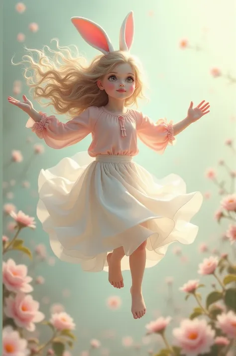 A demi-human female rabbit , fly away, delicate, with long curly hair and a light pink blouse and a white skirt wrapped around flowers