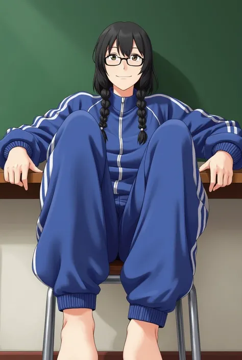 score_9, score_8_up,score_7_up,hadrian,black hair,baggy blue track suit,baggy blue track pants,glasses,black hair,low twin braids, ,desk,sitting on desk,foot up,barefoot,soles,foot focus,from below,anklet,chalkboard