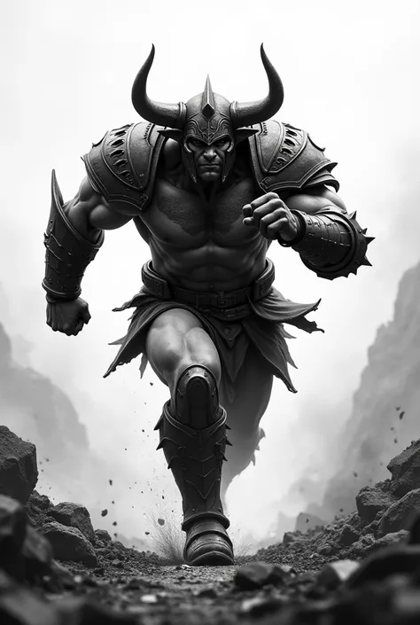  A strong black and white fighter with a helmet, Reminiscent of bull horns , sprints across the battlefield ,  ready for attack .