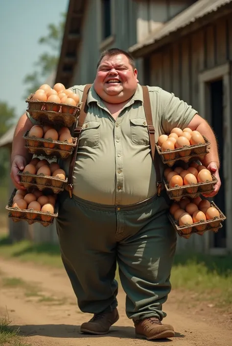 A giant fat man carrying several egg trays