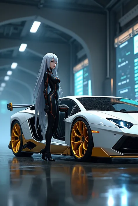 : A futuristic anime scene featuring a tall anime girl with long silver hair and a sleek black bodysuit, leaning casually against a white sports car with gold accents. The car has butterfly doors slightly ajar and glowing golden wheels. The setting is an i...