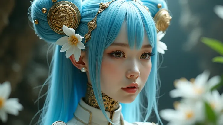 A beautiful fascinating biomechanical female korean cyborg talking. She has a porcelain face, she has long blue hair with huge double bun head, analog, beautiful natural light, rim light, 1 5 0 mm lens, aztec warrior, feathers, white blossoms, vanilla leav...