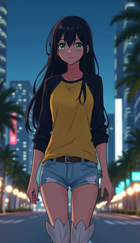 An anime-style screenshot of a young woman with long black hair and green eyes. She is wearing a yellow-and-black raglan t-shirt, light blue denim cutoff shorts, and white cowboy boots. The image is drawn with high contrast and thick outlines. She is seen ...