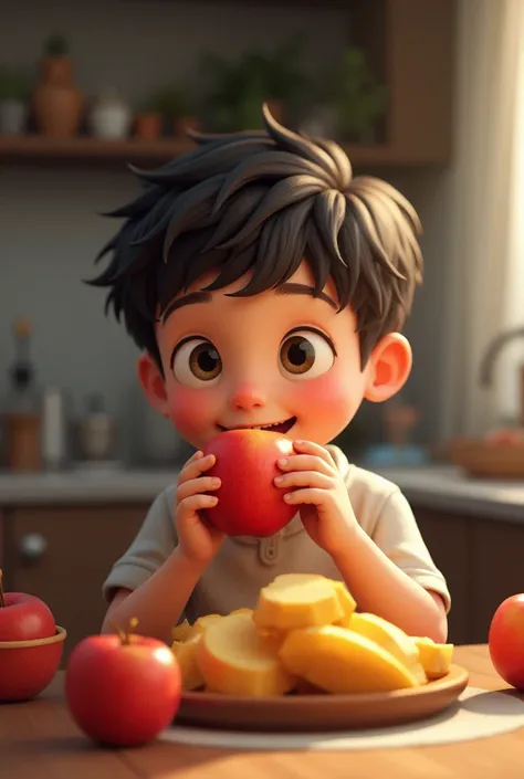 A boy eating with apple 