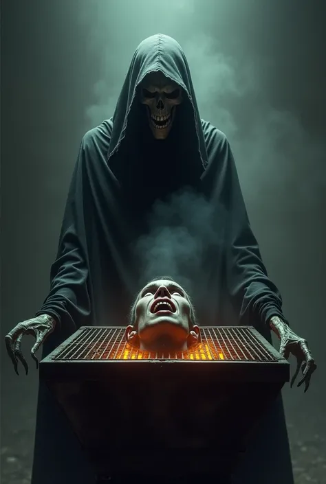 Grim reaper in front of a grill that has a human head in it