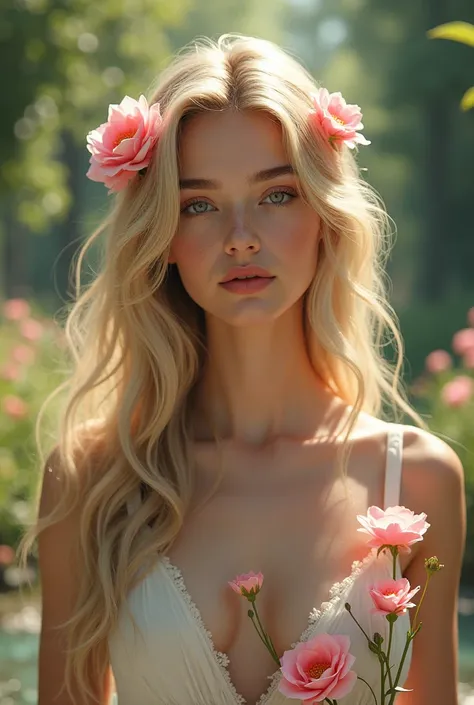 une jolie jeune femme, les cheveux blonds couvert de pétales de roses, se tient debout et peut vêtue, dans le jardin d eden .