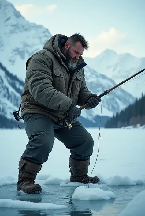 Create a realistic macro photo image in 4k of a muscular man fishing on ice 