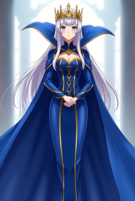 Anime, Fire Emblem Queen Lucina wearing a Blue Coronation Dress with a cape, long and elegant, trails behind her, and the elaborate Evil Queen Collar, a towering masterpiece of craftsmanship, ascends far beyond her head