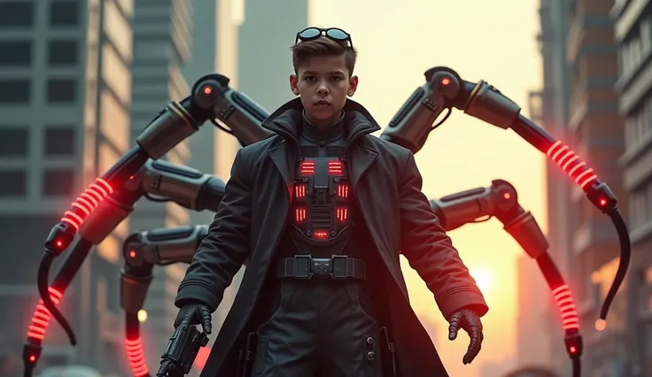 "A mysterious and imposing young boy genius stands tall in a futuristic urban high-tech environment, wearing a jumpsuit with glowing electronic details on the chest and utility-style accessories inside and a long dark coat that flows with an air of confide...