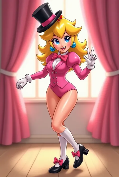 Princess Peach wearing a pink tuxedo leotard, tipping her black top hat, pink bow with a white collar around her neck, black Mary Jane tap shoes with white socks, while tap dancing sexy, on a small wood board, with pink curtains, showing her legs, cartoon ...