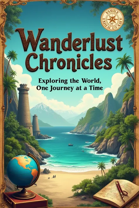 "Design a captivating book cover for a travel-themed book titled Wanderlust Chronicles with the subtitle Exploring the World, One Journey at a Time. The cover should evoke a sense of adventure and exploration. Include elements like a globe, a compass, or a...