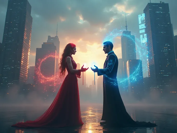 Ultra realistic "Set against a futuristic cityscape with towering skyscrapers in the background. The scene is illuminated by a mix of natural sunlight breaking through clouds and vibrant, futuristic elements like holograms in the distance. Two magicians st...