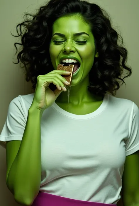 Helena Mattsson as She Hulk with vibrant lime green skin and voluminous, wavy hair styled in soft curls framing her face. She has an intense expression with tightly closed eyes and mouth wide open, revealing teeth as she grips her finger near her mouth wit...