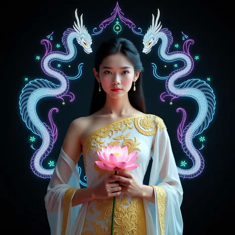 22 year old Thai beauty,An exquisite scene featuring a beautiful Thai woman in a traditional white and yellow dress adorned with intricate, shimmering patterns of lotus flowers and Nagas. She holds a lotus delicately in her hand, her serene expression embo...