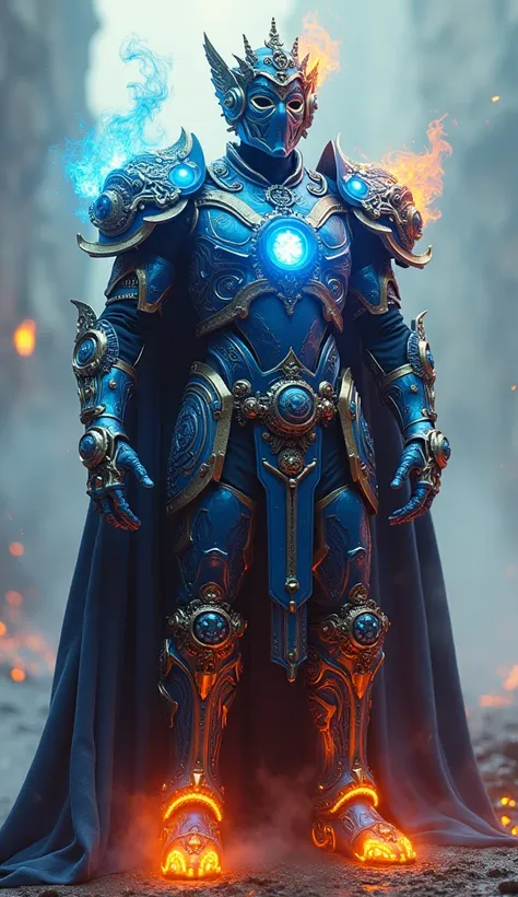 A majestic, fiery prince clad in neon armor, intricately designed with steampunk flair, reminiscent of a Star Wars universe, radiates an aura of power as he stands against a soft, hazy background, with delicate, glowing blue accents subtly woven throughout...