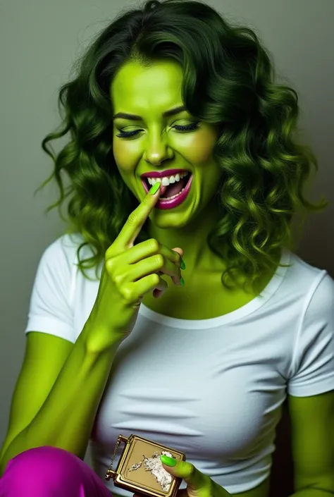 Helena Mattsson as She Hulk with vibrant lime green skin and voluminous, wavy hair styled in soft curls framing her face. She has an intense expression with tightly closed eyes and mouth wide open, revealing teeth as she grips her finger near her mouth wit...