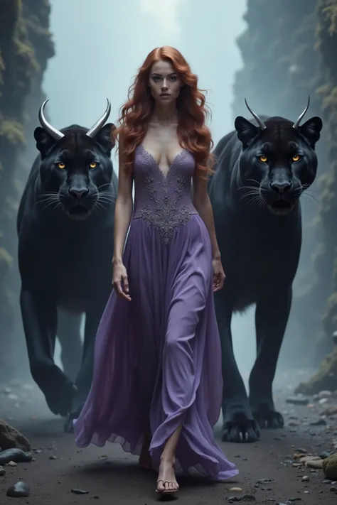 "A graceful and imposing woman with long, wavy reddish-brown hair, wearing a flowing purple dress detailed with softly shimmering silver embroidery. She walks confidently through a mysterious and misty environment, flanked by two giant black panthers. The ...