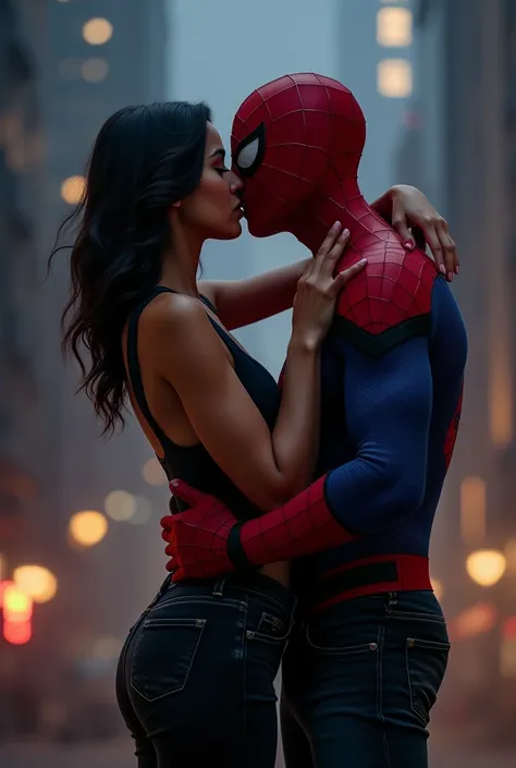 Hot girl with black jeans kissing spiderman