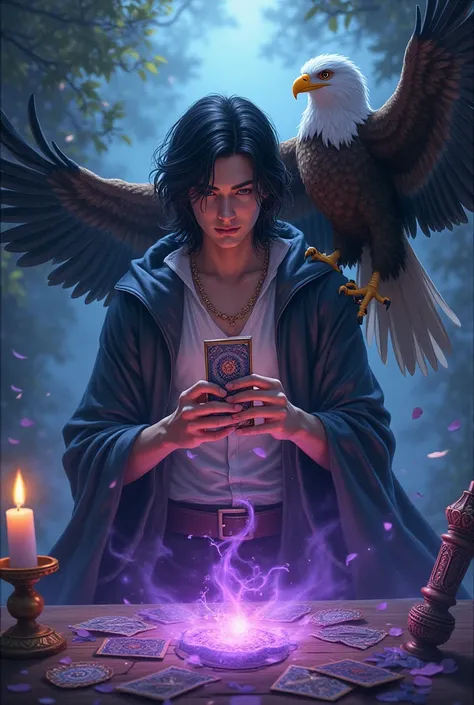 An exciting spiritual atmosphere with tarot leaves, a purple candle, a magic scepter, and a beautiful young man with medium black hair holding a tarot with a strong eagle on his shoulder 