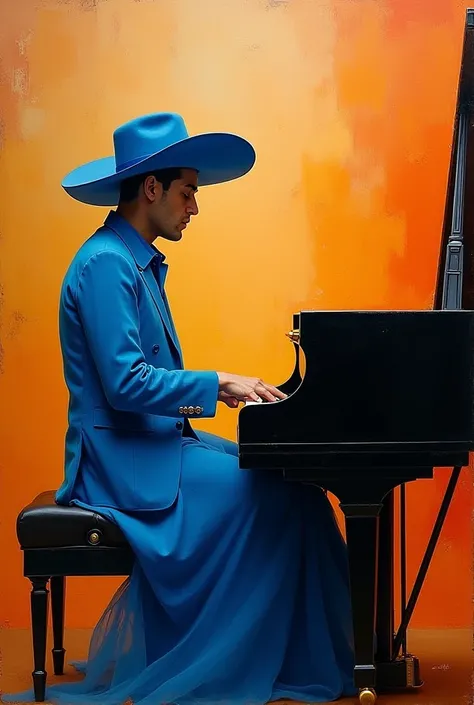 A man playing the piano, wearing a large blue hat and a vibrant blue dress, seated gracefully at a black piano. The background features warm, abstract colors with shades of orange and muted tones, creating an artistic atmosphere. The style is expressive an...