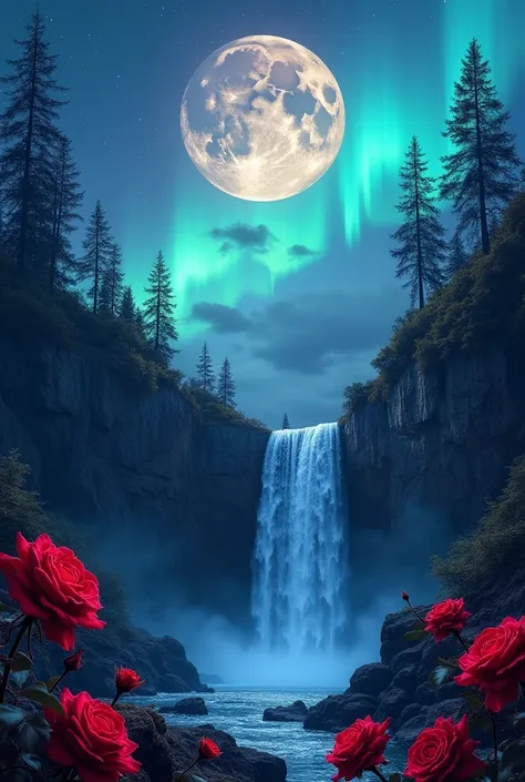 Aurora borealis, moon, waterfall, roses