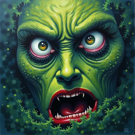 Create an image 
the emotion of fear
gouache style
in the form of a huge mossy piece of a month with eyes, mouths and noses
paint a huge picture and the very emotion of fear is so great that it covers the entire working area 
so that the picture does not l...