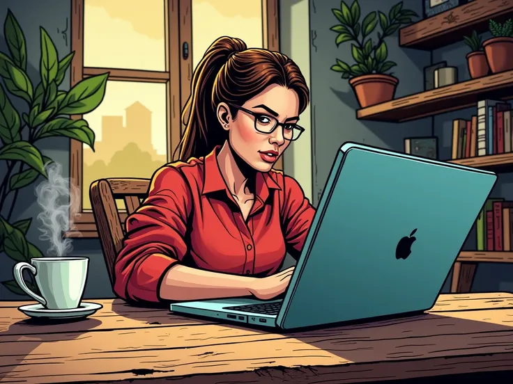 Comic book art-style A blogger working on a laptop with a steaming cup of coffee on a wooden table.