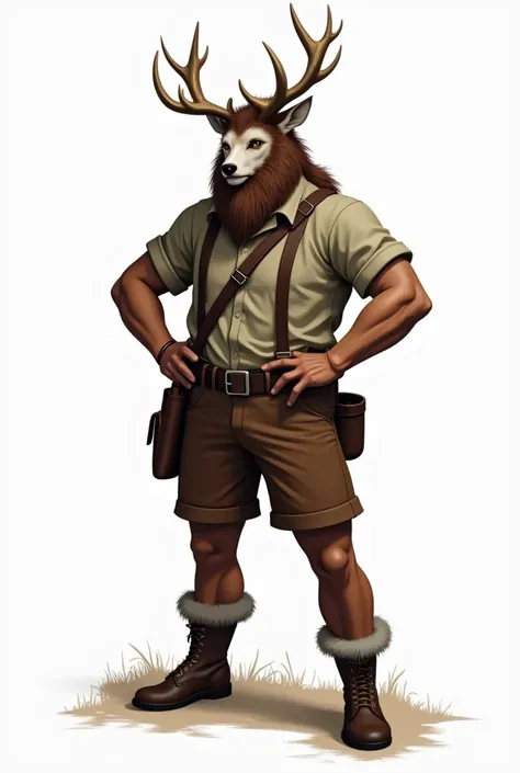 Dandsandnho dand pandrsonagandm animand mulhand do início do pandríodo modandrno  ,   vandstindo uma camisandta dand manga curta marrom ,  brown hunting vandst and brown shorts gray horns、and.、 botas andsportivas dand couro  、pandntandado:  Cortand curto a...