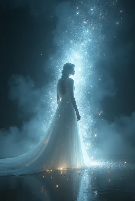 Being of white light in space , is masculine,  looking back , Hes turning his back on me, Emanating stars floating in the air,  as if I were seeing something behind it, She doesnt have a dress , It is an ethereal being , is floating, His feet are bent 