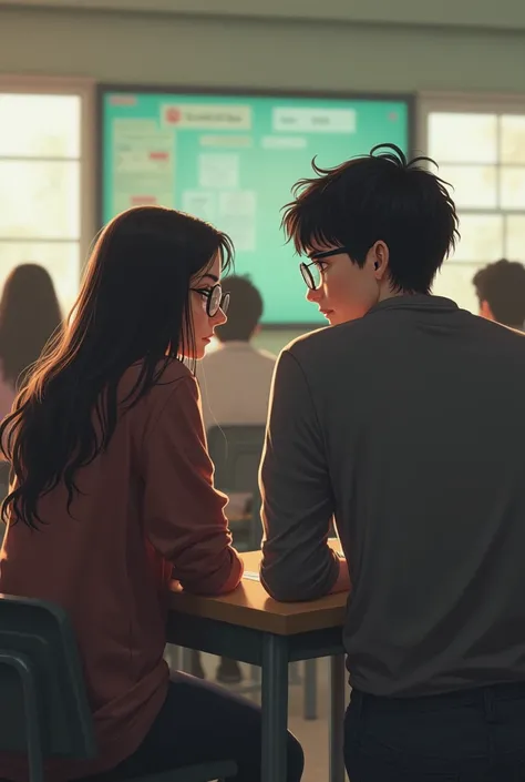  create an image for an ebook cover with a white teenager, long dark brown hair, She is thin, with prescription glasses. A boy with black hair, White, TALL AND FAT. The two are sitting in the classroom ,  looking in love . 