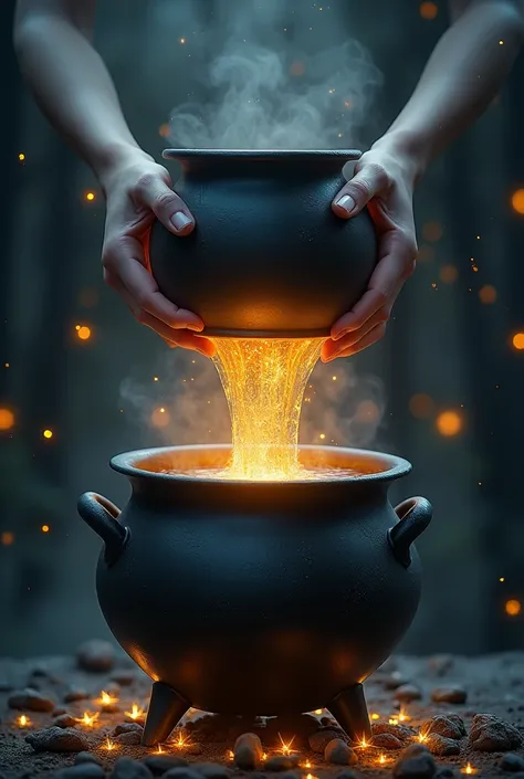  A powerful black cauldron ,  held up by slender female hands , shining, In a
starry night .  The hands turned over the cauldron and a golden liquid spilled over the edge with small symbols.