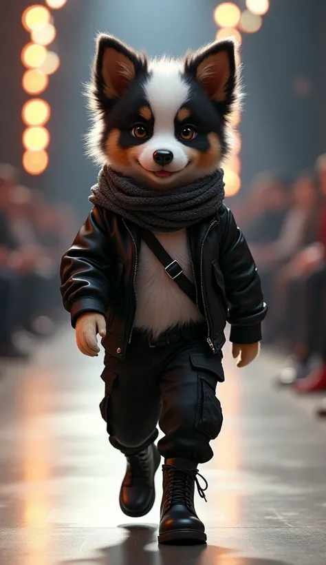 Here’s a prompt for creating an image similar to the one you uploaded, but with the character being a 1. version:

"An adorable anthropomorphic Border Collie puppy around 1., walking confidently on a fashion runway. The puppy is wearing stylish black cargo...