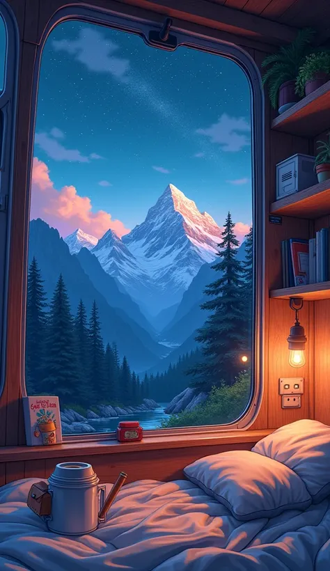 An anime-style illustration of a cozy camper van interior at night, with large, closed windows offering a clear and close-up view of the stunning outdoor scenery. The view through the enlarged windows depicts majestic, snow-capped mountains and dense everg...