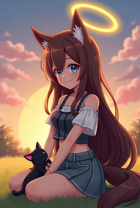  Create a female anime character , With a brown skin color , with 1,60 tall,  with long brown hair,  blue eye color and will have wolf ears and a wolfs tail.  She will have a yellow halo over her head .  She will be wearing a cute and stylish outfit . She ...