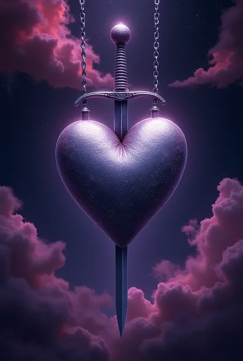 (Photorealism) Dark purple background, starry sky. Purple and red clouds, silver heart with chains and a sword pierced inside in silver