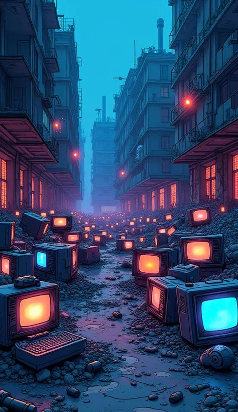  in ruins、There are a large number of televisions placed in、A large number of televisions are placed on neon color coloring 、Illustration style、 Line Art、Machine parts are piled up