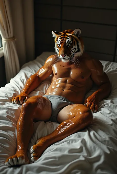 Kemono furry tiger naked, lying on the bed, all soaked over