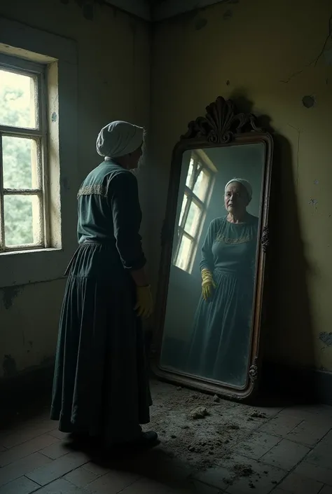 "A realistic scene of an elderly woman inside an old, decaying mansion in the Brazilian sertão. She is standing in front of an antique mirror in a dimly lit, dusty room of the mansion. The woman is wearing worn-out domestic clothes, a headscarf, and rubber...