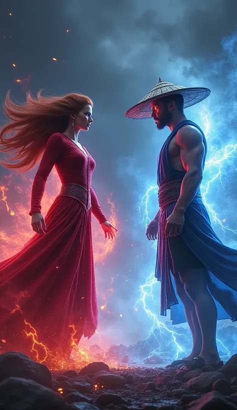 
"Scarlet Witch dan raiden berdiri saling berhadapan di tengah medan pertempuran yang dipenuhi kilat dan energi magis.  Scarlet Witch wears a sparkling dark red robe with magic patterns swirling around her . His left hand was raised ,  radiating a curved r...