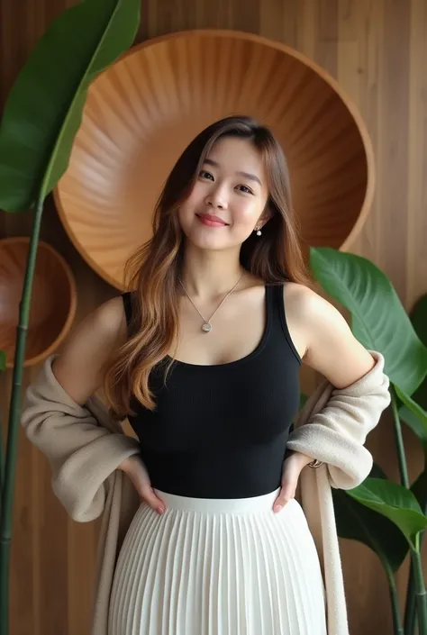 A Korean woman, little chubby, (big boobs:1.3), with a confident expression, her brown long hair highlighted with blonde, Tilting his head in a relaxed manner, silver necklace, watch, wearing a thin shawl on both arms , with a black tank top  and a pleated...