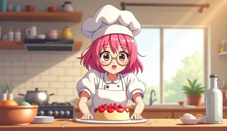 An anime girl in a chefs hat with pink hair and pink lips wearing round glasses is standing in the kitchen baking a cake