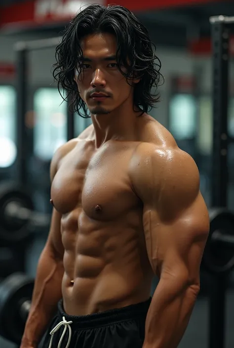 Jonas a god like Korean man, a vision of sculpted perfection, stands next to the squat rack, his damp black hair framing a face that could launch a thousand ships. His hair, thick and lustrous, falls in loose waves, cascading down his broad shoulders and f...