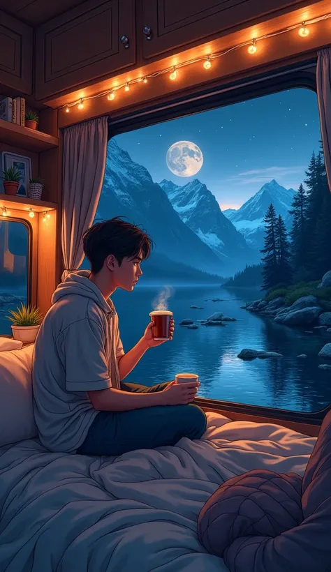 An anime-style nighttime scene inside a cozy camper van, with a young man sitting on the edge of a snug bed, holding a steaming coffee mug. The large, closed windows on both sides frame a breathtaking, dark, and serene nightscape. The outside view shows to...