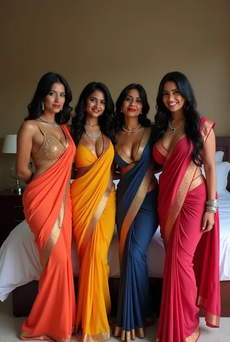 4 sexy  Indian girls in 4 different colour saree, also wearing a ultra thin yet long silver chain and a thin waist chain, the locket on the chain falls exactly into their cleavages, they are standing in such a way that they are showing their navel and clea...