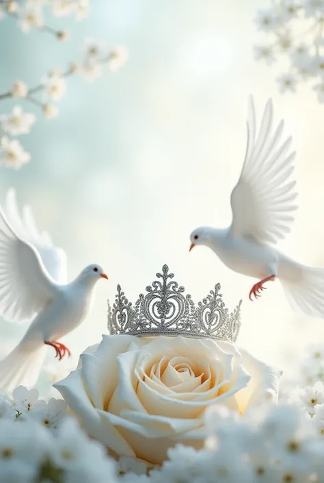 Image with main text  " Oromi Creations,  flyers on sale at  $250 to 31 /01",  with white doves ,  silver crown and white roses 