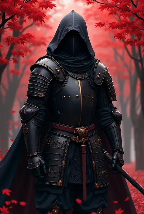  Draw a Knight in black lightweight metal armor with small gold and red ornaments in a black hooded cape .With a katana in his waist sheath .  Most of his armor is covered in fabric . Armet helmet ,  oriental style armor  .Small shoulder pads .  The knight...