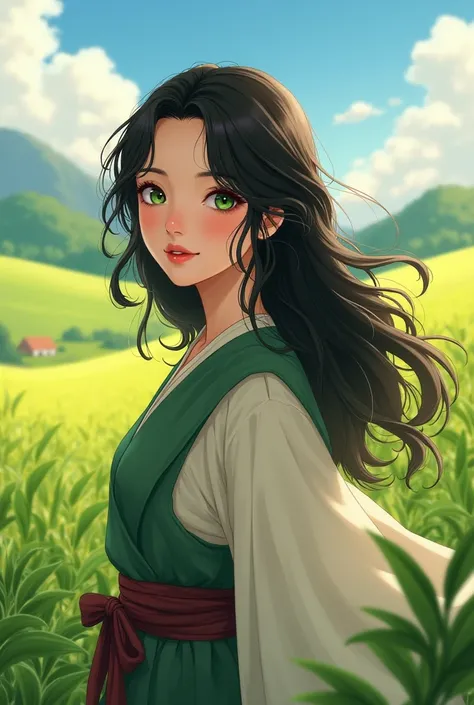  girl (very beutiful, very hot, black hair, wavy hair, green eyes, red lipstick), sunny day, green plains, body view, villager clothes